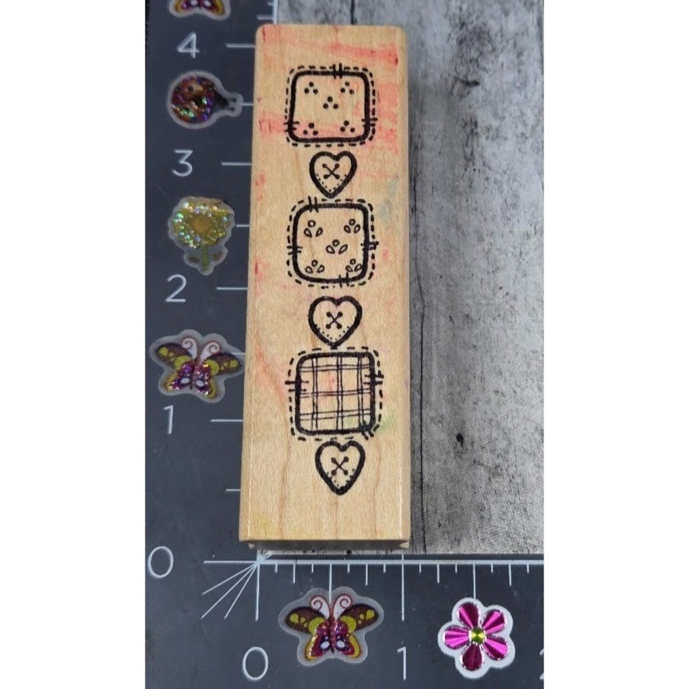 D Hunter Stitch Design Border Quilted Hearts Squares Rubber Stamp Wood #P57